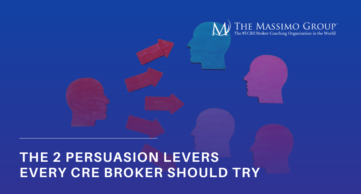 Promotional banner with a blue digital network background and Massimo Group branding, featuring a commercial real estate professional in a suit alongside the title text: "The 2 persuasion levers every CRE Broker should try."